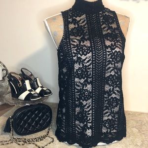 Anthropologie Black Lace High-neck Sleeveless Top